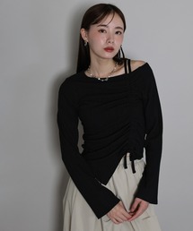 ワンオフショルダーギャザーリボンTシャツ