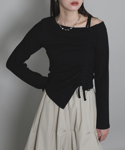 J by blue（ジェイバイブルー）の「ワンオフショルダーギャザーリボンTシャツ（Tシャツ/カットソー・レディース・ブラック/オフホワイト/グレー・MEDIUM）」の16枚目の写真