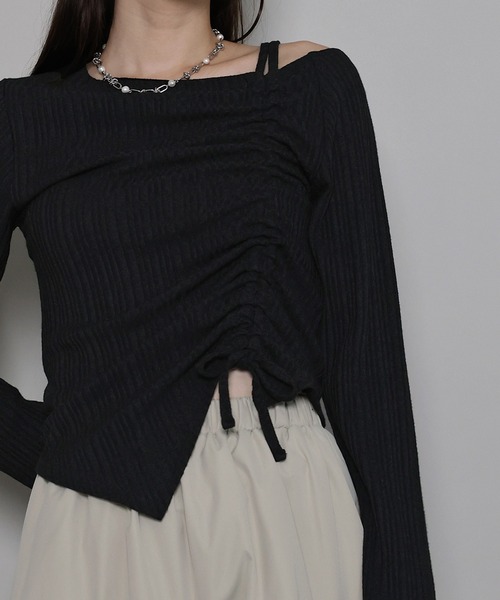 J by blue（ジェイバイブルー）の「ワンオフショルダーギャザーリボンTシャツ（Tシャツ/カットソー・レディース・ブラック/オフホワイト/グレー・MEDIUM）」の15枚目の写真