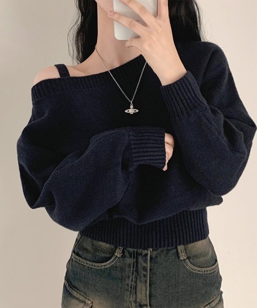 Lace Ladies(レースレディース)の「ワンストラップ アシンメトリー オフショル ニット プルオーバー(ニット/セーター・レディース・グレー/ネイビー・XL/M)」の1枚目の写真