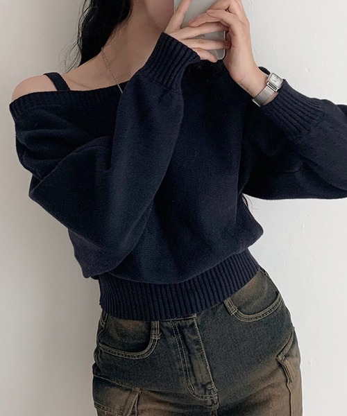 Lace Ladies(レースレディース)の「ワンストラップ アシンメトリー オフショル ニット プルオーバー(ニット/セーター・レディース・グレー/ネイビー・XL/M)」の4枚目の写真