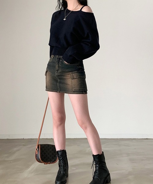 Lace Ladies(レースレディース)の「ワンストラップ アシンメトリー オフショル ニット プルオーバー(ニット/セーター・レディース・グレー/ネイビー・XL/M)」の5枚目の写真