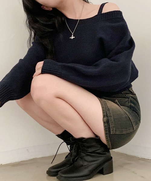 Lace Ladies(レースレディース)の「ワンストラップ アシンメトリー オフショル ニット プルオーバー(ニット/セーター・レディース・グレー/ネイビー・XL/M)」の7枚目の写真