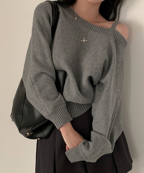Lace Ladies(レースレディース)の「ワンストラップ アシンメトリー オフショル ニット プルオーバー(ニット/セーター・レディース・グレー/ネイビー・XL/M)」の9枚目の写真