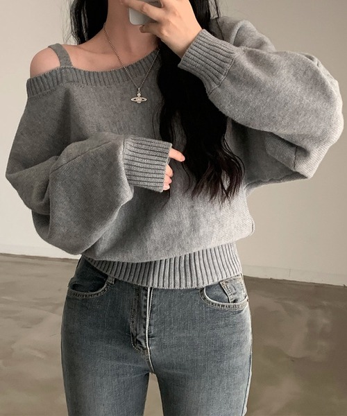Lace Ladies(レースレディース)の「ワンストラップ アシンメトリー オフショル ニット プルオーバー(ニット/セーター・レディース・グレー/ネイビー・XL/M)」の12枚目の写真