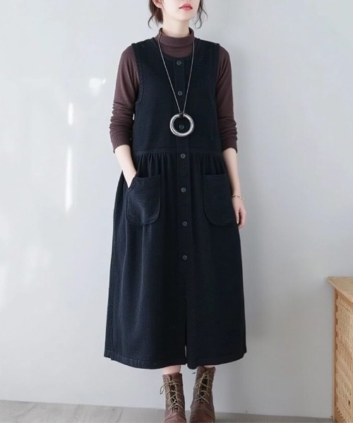 cammie(キャミー)の「フロントボタンワンピース(ジャンパースカート・レディース・ブラック/パープル/ブラウン/グリーン・L/M)」の6枚目の写真