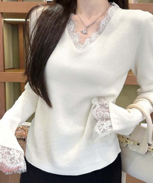 セール】ニットセーター レース切り替え ニットソーレディース ニット