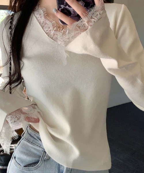 セール】ニットセーター レース切り替え ニットソーレディース ニット