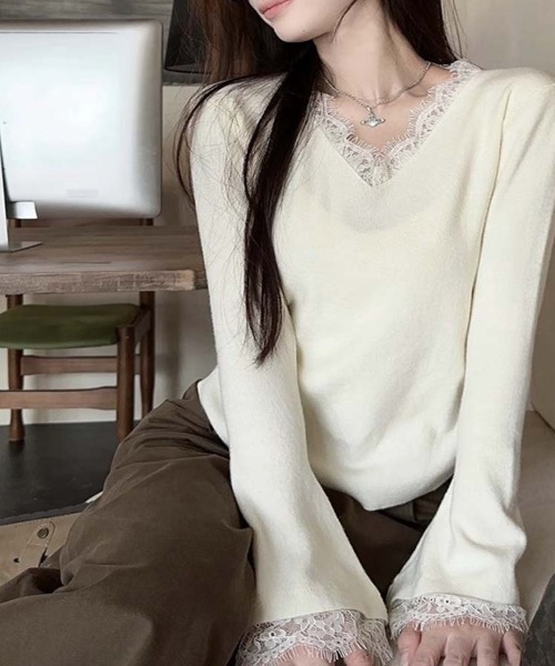 セール】ニットセーター レース切り替え ニットソーレディース ニット