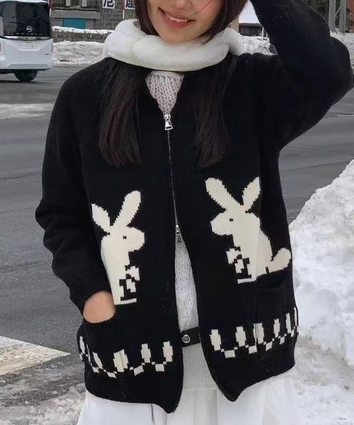 セール】【年末SALE】Bunny柄ジップアップニットカーディガン（ニット