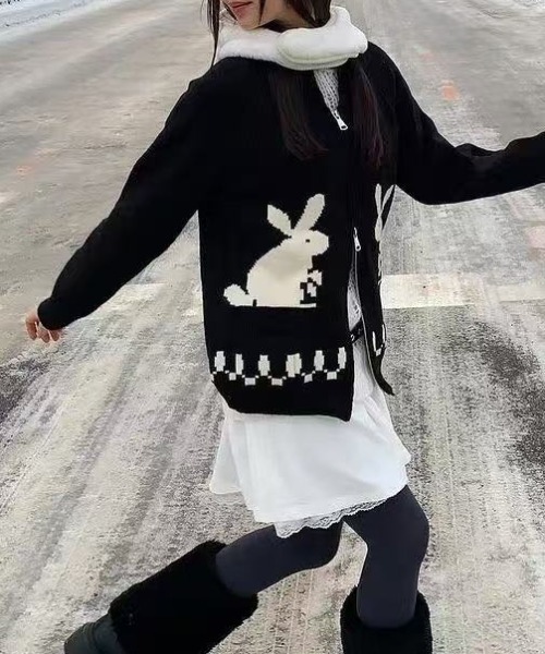 セール】【年末SALE】Bunny柄ジップアップニットカーディガン（ニット