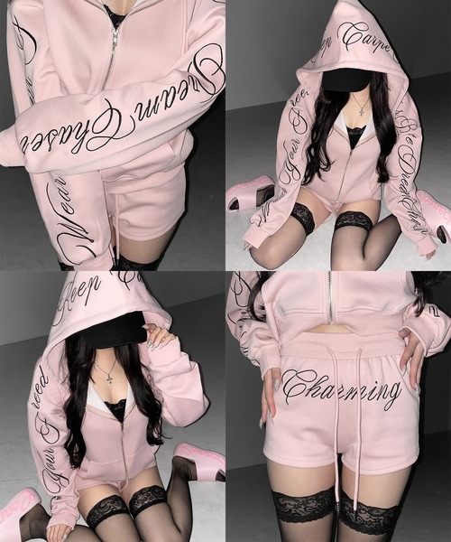 me+em select(ミームセレクト)の「【 セットアップ 】レタリングロゴ刺繍ジップアップパーカー&ショートパンツ / lettering logo embroidery zip-up hoodie & short pants SETUP(セットアップ・レディース・ブラック/グレー/ピンク・FREE)」の11枚目の写真
