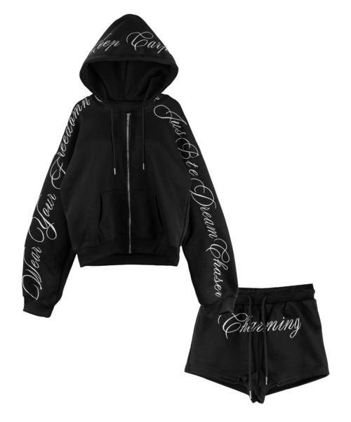 me+em select（ミームセレクト）の「【 セットアップ 】レタリングロゴ刺繍ジップアップパーカー＆ショートパンツ ／ lettering logo embroidery zip-up hoodie ＆ short pants SETUP（セットアップ・レディース・ブラック/グレー・FREE）」の5枚目の写真