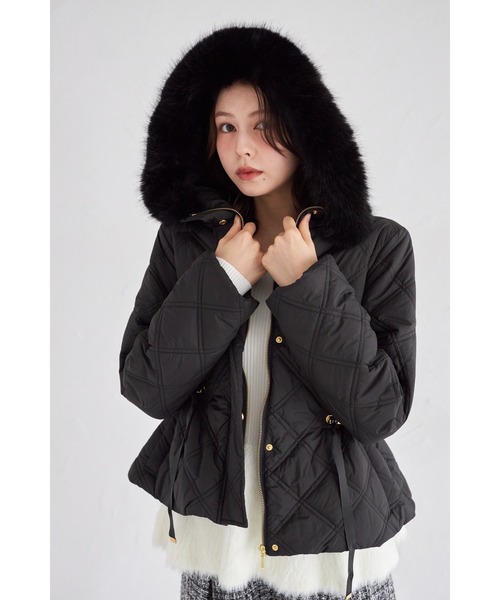 フードファー取り外し可能ドロスト付きキルティングショートコート