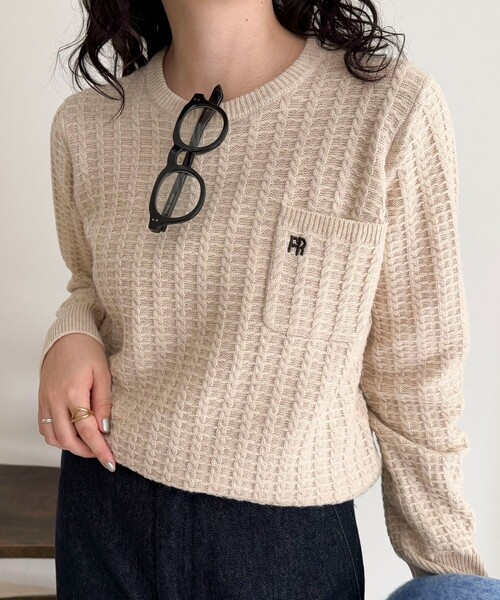 FR刺繍ケーブル柄ちびポケニットプルオーバー（ニット/セーター