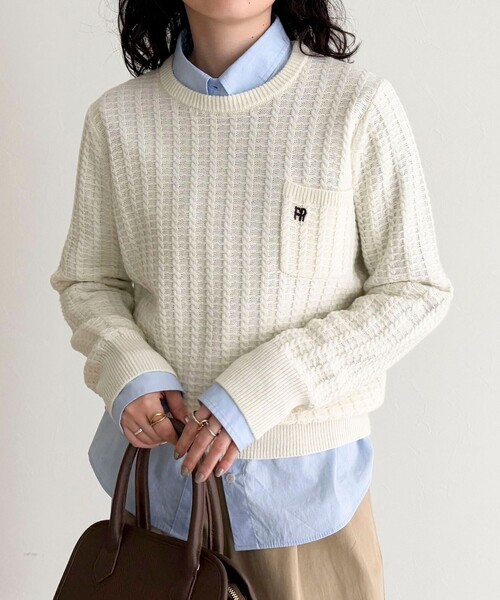 fredy emue(フレディエミュ)の「FR刺繍ケーブル柄ちびポケニットプルオーバー(ニット/セーター・レディース・オフホワイト/オレンジ/ベージュ/ネイビー・38)」の19枚目の写真