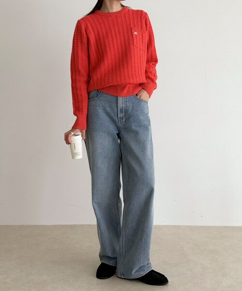 fredy emue(フレディエミュ)の「FR刺繍ケーブル柄ちびポケニットプルオーバー(ニット/セーター・レディース・オフホワイト/オレンジ/ベージュ/ネイビー・38)」の6枚目の写真