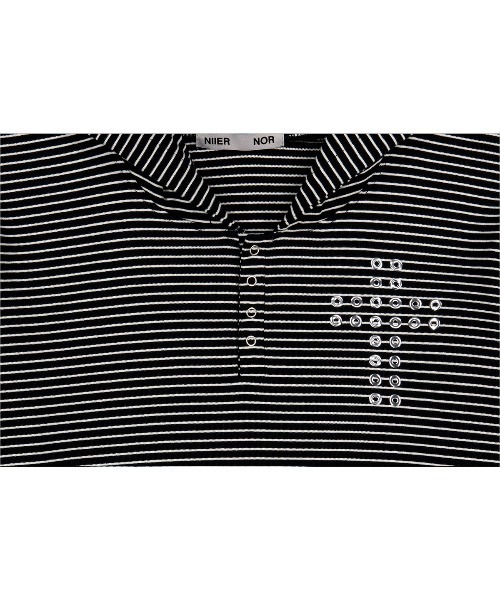 NIIER NOR(ニアノア)の「A'GEM/9 × .kom 『NIIER NOR/ニアノア』 CROSS STRIPE HENLEY HOODIE/クロスボーダー ヘンリーパーカー(Tシャツ/カットソー・レディース・アイボリー/ブラック・FREE)」の13枚目の写真