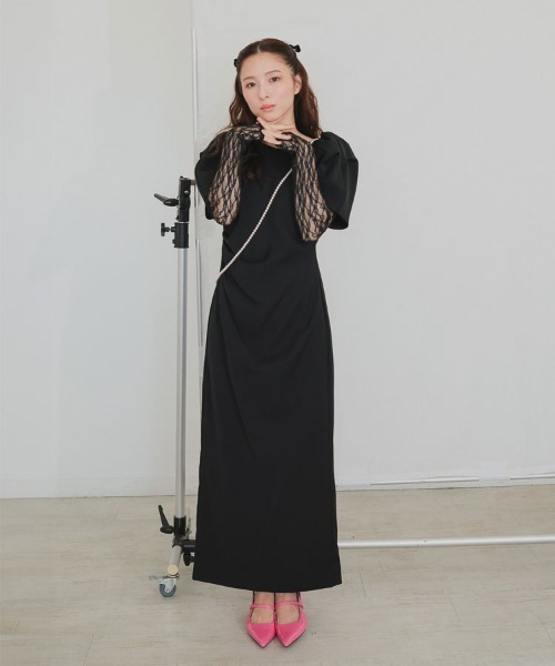 【ANDRESD】lace arm drepe dress セレモニー 結婚式 二次会 同窓会 成人式 入学式 卒業式 お呼ばれ パーティードレス オケージョンドレス