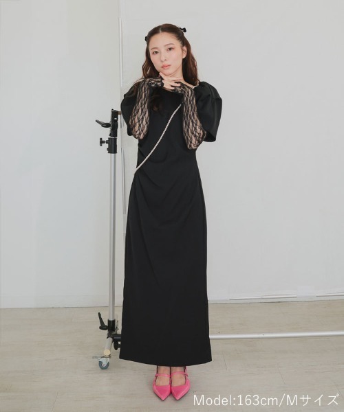 【ANDRESD】lace arm drepe dress セレモニー 結婚式 二次会 同窓会 成人式 入学式 卒業式 お呼ばれ パーティードレス オケージョンドレス