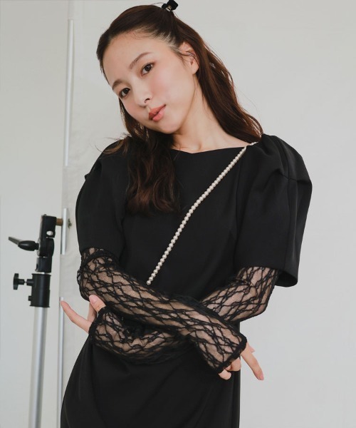 【ANDRESD】lace arm drepe dress セレモニー 結婚式 二次会 同窓会 成人式 入学式 卒業式 お呼ばれ パーティードレス オケージョンドレス