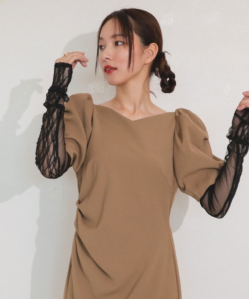 【ANDRESD】lace arm drepe dress セレモニー 結婚式 二次会 同窓会 成人式 入学式 卒業式 お呼ばれ パーティードレス オケージョンドレス