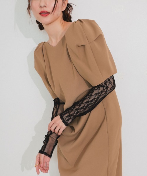 【ANDRESD】lace arm drepe dress セレモニー 結婚式 二次会 同窓会 成人式 入学式 卒業式 お呼ばれ パーティードレス オケージョンドレス