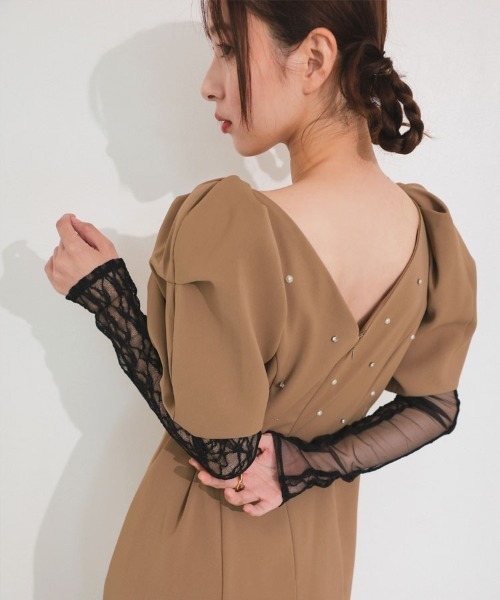 【ANDRESD】lace arm drepe dress セレモニー 結婚式 二次会 同窓会 成人式 入学式 卒業式 お呼ばれ パーティードレス オケージョンドレス