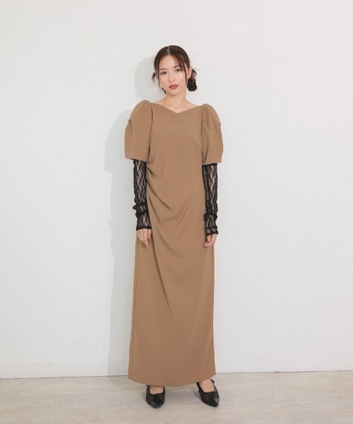 【ANDRESD】lace arm drepe dress セレモニー 結婚式 二次会 同窓会 成人式 入学式 卒業式 お呼ばれ パーティードレス オケージョンドレス