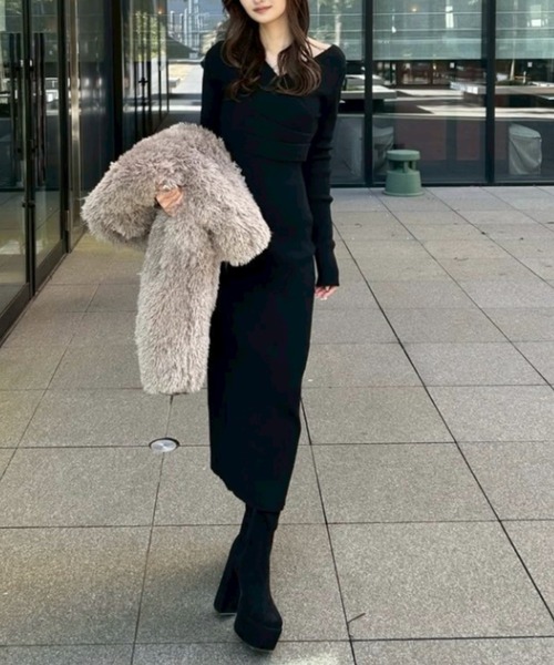 カシュクールウォッシャブルニットワンピース 秋服 冬服（ワンピース