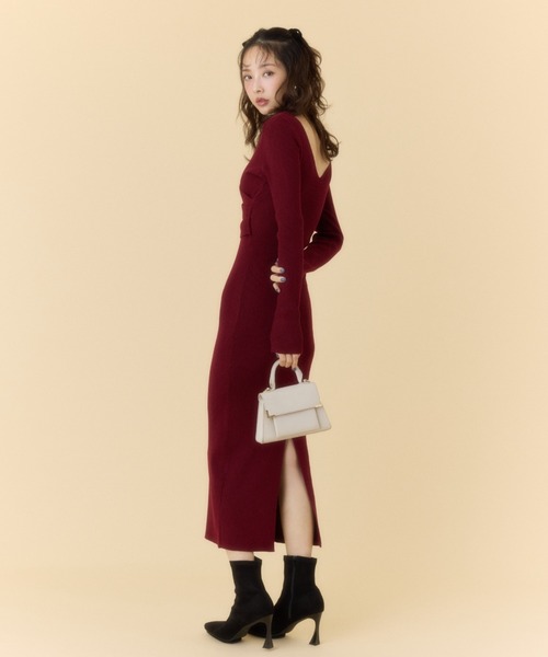 rienda リエンダ　バーガンディ ニットワンピース 長袖 カシュクールウォッシャブルニットワンピース 秋服 冬服（ワンピース