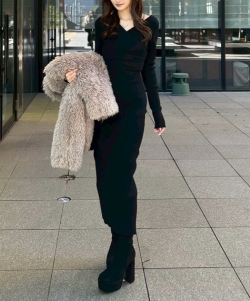 カシュクールウォッシャブルニットワンピース 秋服 冬服（ワンピース