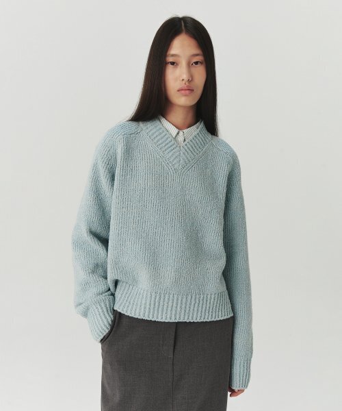 LEVAR(レバー)の「Multi-Boucle V-Neck Knit - Sky Blue(ニット/セーター・レディース・スカイブルー・FREE)」の1枚目の写真