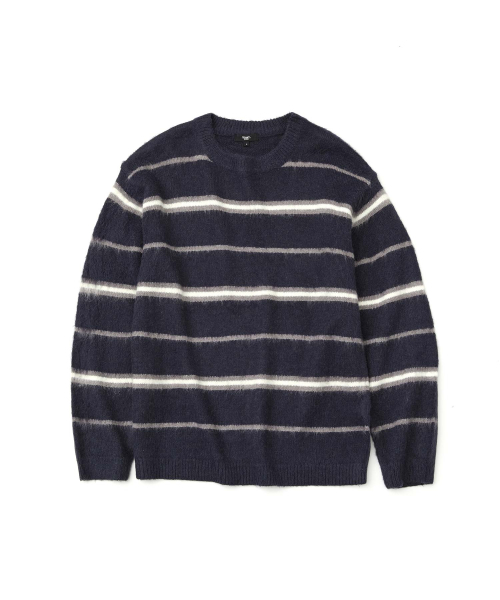 WMC(ダブリューエムシー)の「ストライプクルーネックニット_NAVY(ニット/セーター・メンズ・ネイビー・LARGE/MEDIUM/X-LARGE)」の2枚目の写真