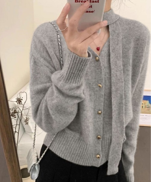 kirakiraShop(キラキラショップ)の「リボン タイ Vネック カーディガン(カーディガン/ボレロ・レディース・ブラウン/杢グレー/ワイン・FREE)」の1枚目の写真