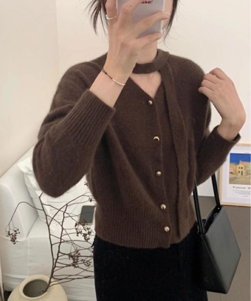 kirakiraShop(キラキラショップ)の「リボン タイ Vネック カーディガン(カーディガン/ボレロ・レディース・ブラウン/杢グレー/ワイン・FREE)」の2枚目の写真