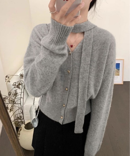 kirakiraShop(キラキラショップ)の「リボン タイ Vネック カーディガン(カーディガン/ボレロ・レディース・ブラウン/杢グレー/ワイン・FREE)」の11枚目の写真