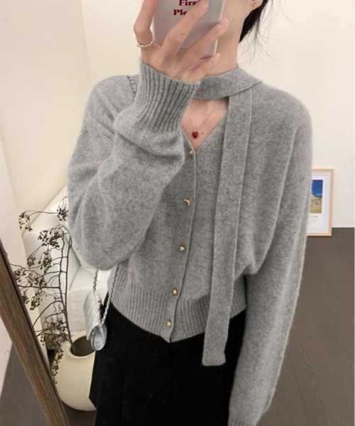 kirakiraShop(キラキラショップ)の「リボン タイ Vネック カーディガン(カーディガン/ボレロ・レディース・ブラウン/杢グレー/ワイン・FREE)」の12枚目の写真