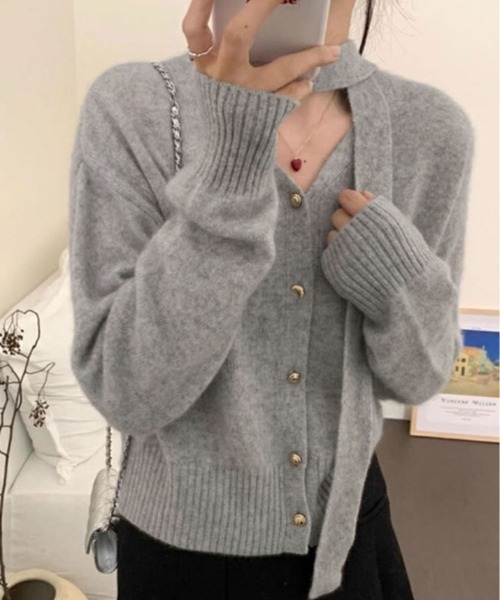 kirakiraShop(キラキラショップ)の「リボン タイ Vネック カーディガン(カーディガン/ボレロ・レディース・ブラウン/杢グレー/ワイン・FREE)」の13枚目の写真