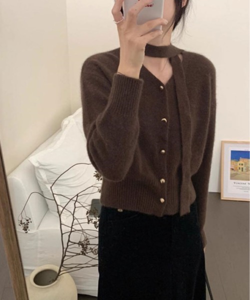 kirakiraShop(キラキラショップ)の「リボン タイ Vネック カーディガン(カーディガン/ボレロ・レディース・ブラウン/杢グレー/ワイン・FREE)」の4枚目の写真