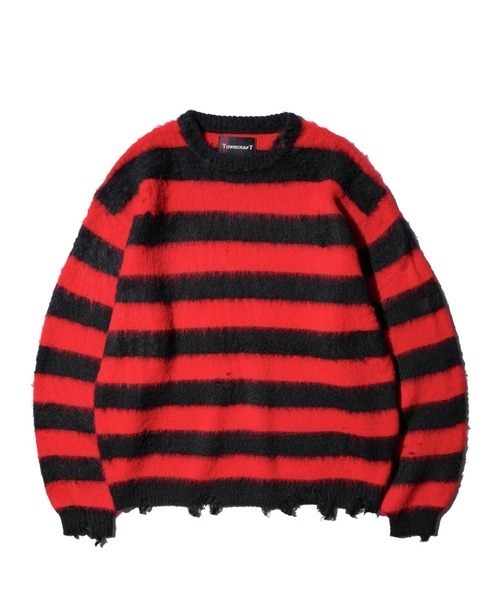 TOWNCRAFT（タウンクラフト）の「TOWN CRAFT タウンクラフト / WORN-OUT SHAGGY JQ BORDER CREW　ダメージ加工（ニット/セーター・メンズ・ブラック×ホワイト/レッド・MEDIUM/LARGE）」の2枚目の写真