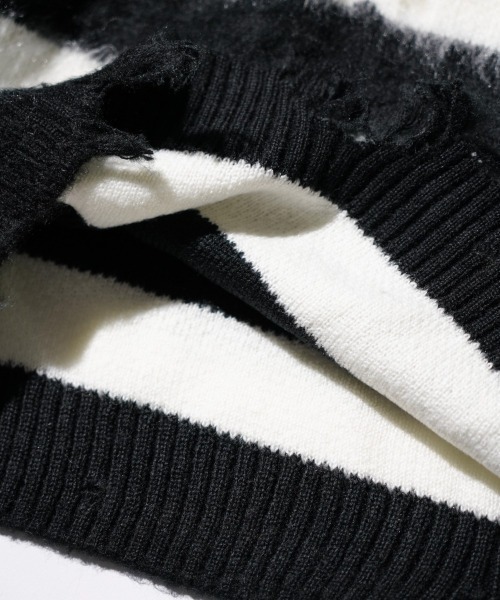 TOWNCRAFT（タウンクラフト）の「TOWN CRAFT タウンクラフト / WORN-OUT SHAGGY JQ BORDER CREW　ダメージ加工（ニット/セーター・メンズ・ブラック×ホワイト/レッド・MEDIUM/LARGE）」の7枚目の写真