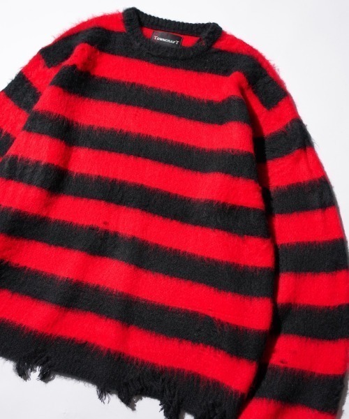 TOWNCRAFT（タウンクラフト）の「TOWN CRAFT タウンクラフト / WORN-OUT SHAGGY JQ BORDER CREW　ダメージ加工（ニット/セーター・メンズ・ブラック×ホワイト/レッド・MEDIUM/LARGE）」の9枚目の写真