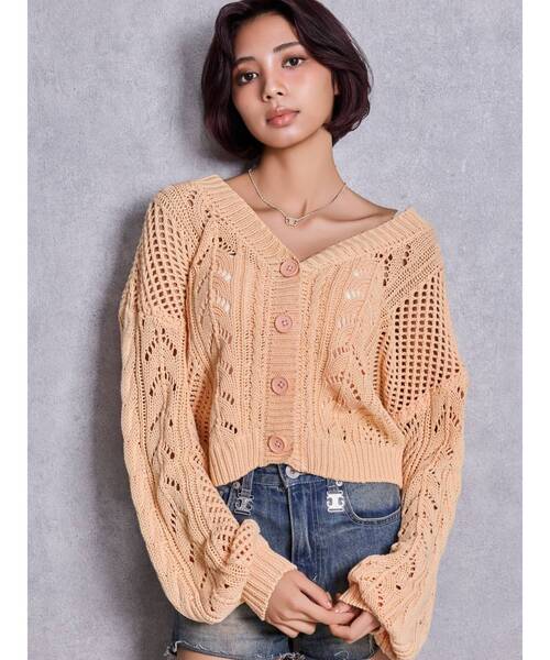 GYDA（ジェイダ）の「2WAYメッシュブリーチニットトップス（ニット/セーター・レディース・オフホワイト/ブラック/ネイビー/オレンジ/ピンク・FREE）」の5枚目の写真