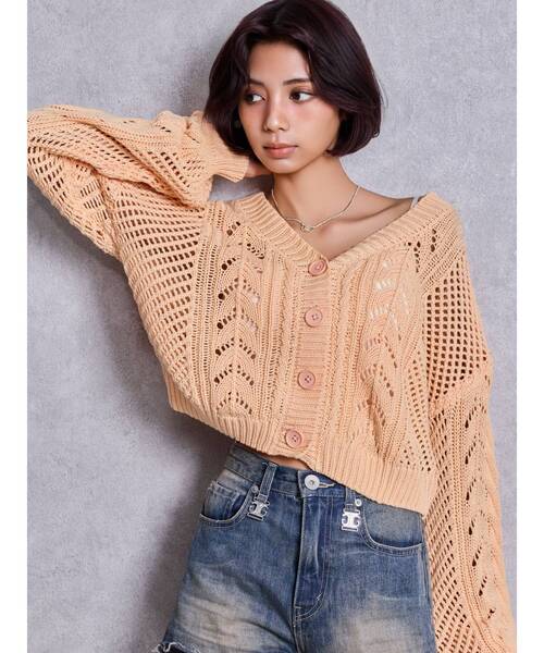 GYDA（ジェイダ）の「2WAYメッシュブリーチニットトップス（ニット/セーター・レディース・オフホワイト/ブラック/ネイビー/オレンジ/ピンク・FREE）」の6枚目の写真