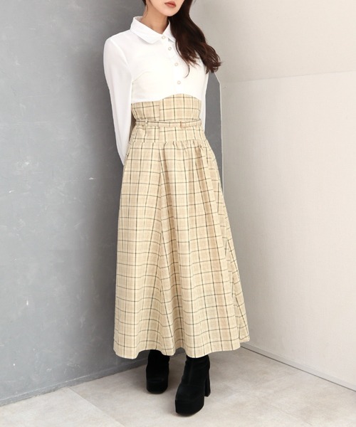 CECIL McBEE(セシルマクビー)の「シャツxチェックコルセットドッキングワンピース(ワンピース・レディース・ベージュ/モカ/ブラック・MEDIUM)」の1枚目の写真