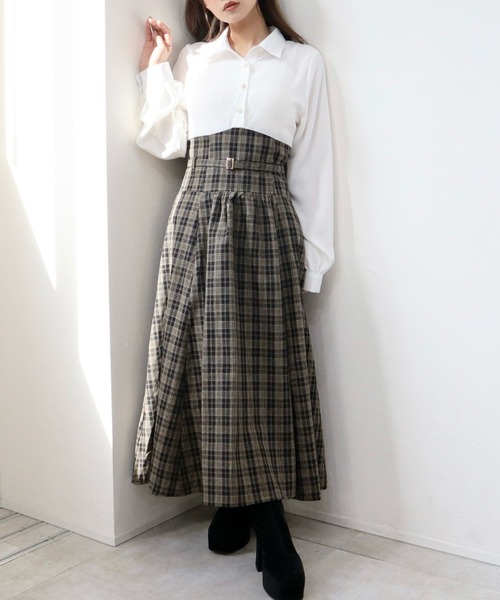CECIL McBEE(セシルマクビー)の「シャツxチェックコルセットドッキングワンピース(ワンピース・レディース・ベージュ/モカ/ブラック・MEDIUM)」の2枚目の写真