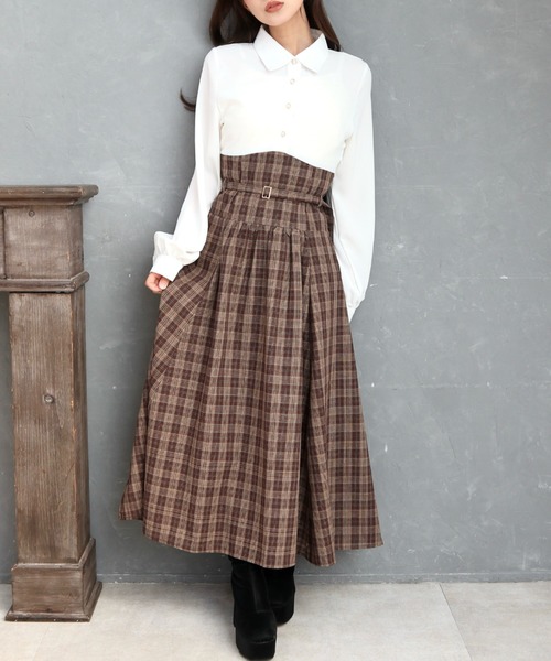 CECIL McBEE(セシルマクビー)の「シャツxチェックコルセットドッキングワンピース(ワンピース・レディース・ベージュ/モカ/ブラック・MEDIUM)」の3枚目の写真