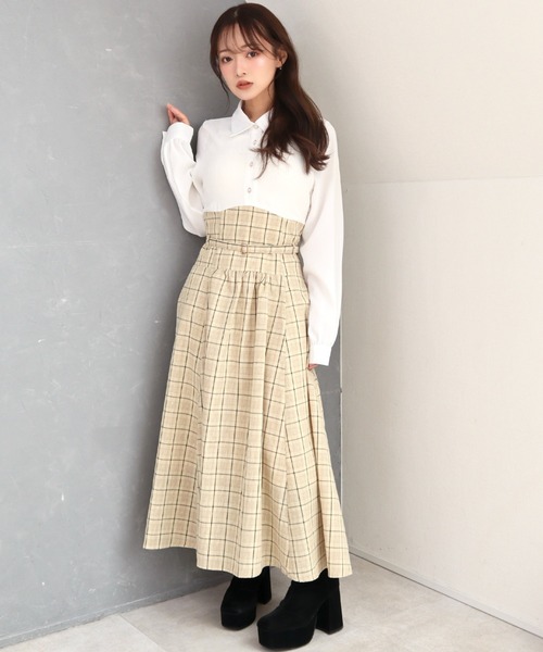 CECIL McBEE(セシルマクビー)の「シャツxチェックコルセットドッキングワンピース(ワンピース・レディース・ベージュ/モカ/ブラック・MEDIUM)」の4枚目の写真