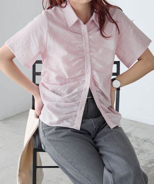 BONLECILL(ボンルシール)の「リネンブレンドギャザー半袖シャツ(シャツ/ブラウス・レディース・チャコールグレー/アイボリー/ブルー/ピンク/ベージュ・FREE)」の16枚目の写真